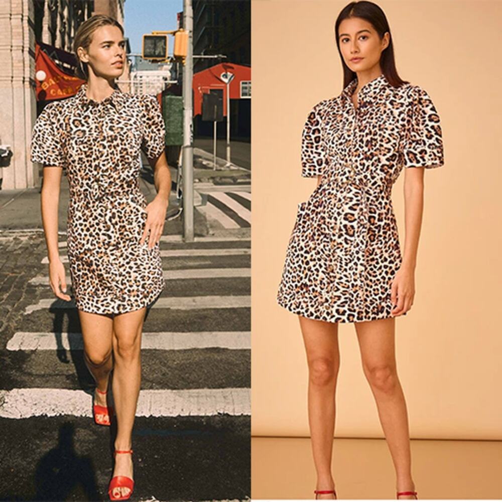 NWT Hunter Bell Robinson Leopard Print Puff Sleeves Mini Dress Brown Size: 10